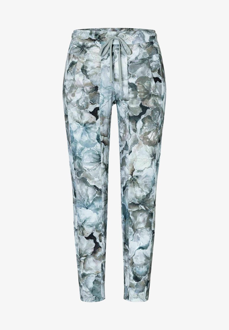 Botanical print sweatpants featuring a soft, stretchy fabric in blue and gray tones, with an elastic waistband and adjustable drawstring.