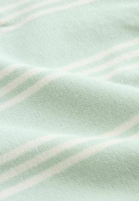 Tissu vert clair avec des rayures blanches, présentant une surface lisse et texturée ainsi qu'un tombé doux. Le matériau semble tricoté et léger.