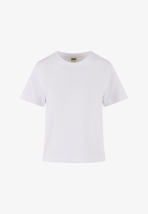 Weißes Baumwoll-T-Shirt mit kurzen Ärmeln, Rundhalsausschnitt und geradem Schnitt. Glatte Textur, einfaches Design, keine sichtbaren Muster oder Akzente.