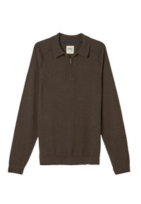 Braun-langärmliges Polohemd mit einem Reißverschluss am Hals, gerippten Bündchen und Saum. Verfügt über einen klassischen Kragen und einen weichen, strukturierten Stoff.