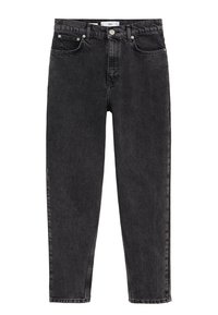Jean denim noir taille haute à jambes droites, avec poches avant, passants de ceinture, fermeture boutonnée et à glissière.
