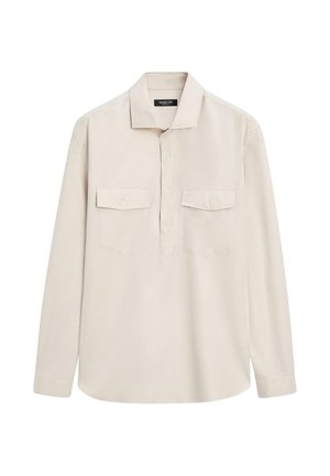 Beige Langarmhemd mit Kragen, vorderer dreiknöpfiger Leiste und zwei mit Knöpfen verschlossenen Brusttaschen mit Klappe.