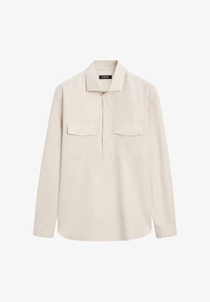 Beige Langarmhemd mit Kragen, vorderer dreiknöpfiger Leiste und zwei mit Knöpfen verschlossenen Brusttaschen mit Klappe.