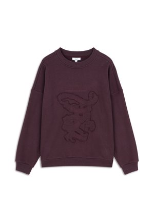 Paarse katoenen sweatshirt met een ronde halslijn, verlaagde schouders en een gestructureerd grafisch ontwerp aan de voorkant. Zacht, casual model.