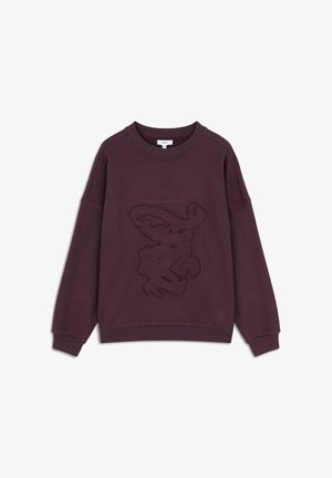 Sweatshirt en coton violet avec un col rond, des épaules tombantes et un design graphique texturé sur le devant. Coupe douce et décontractée.