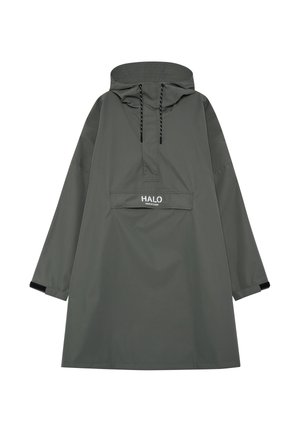 Unisex lange mouwen donkergrijze regenjas met capuchon, voorzak met klep en label "HALO", verstelbare trekkoorden en polsbandjes.