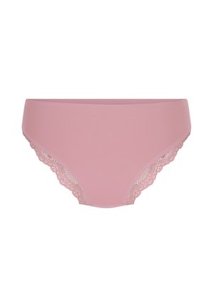Bragas de algodón de color rosa claro con encaje en la cintura y las aberturas de las piernas, que cuentan con una textura suave y un diseño sin costuras.