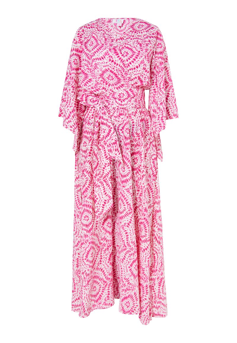 Rochie cu un model roz și alb, având un decolteu în v, mâneci de tip kimono, talie subțire și un design de fustă fluidă.