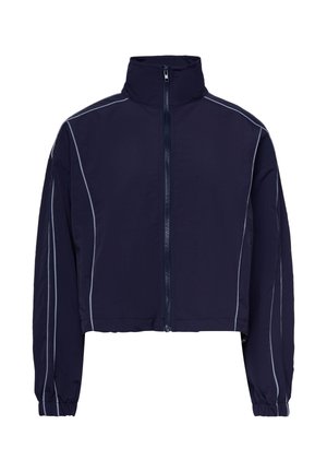 Marineblauer kurzer Blouson mit hohem Kragen, Frontreißverschluss, langen Ärmeln, elastischen Bündchen und dünnen reflektierenden Streifen entlang der Nähte und Ärmel.