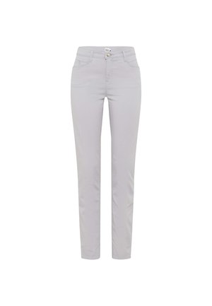 Helle graue Slim-Fit-Jeans aus Baumwollmischung mit einem klassischen Fünf-Taschen-Design, Gürtelschlaufen und einem Reißverschluss mit Knopfverschluss.