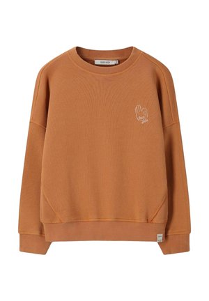 Bruine crewneck-sweatshirt met geribde manchetten en zoom, met kleine handgebarenborduring met tekst op de linkerborst.
