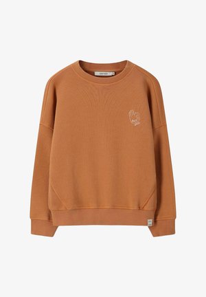 Bruine crewneck-sweatshirt met geribde manchetten en zoom, met kleine handgebarenborduring met tekst op de linkerborst.