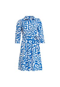 Blau-weiß gemustertes Kleid mit Kragen, Dreiviertelärmeln, tailliertem Schnitt und weit schwingendem Rock. Glattes Material mit abstrakten Formen.