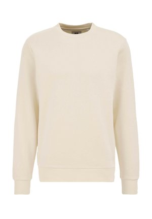 Sweatshirt beige clair avec un col rond, des manches longues et des poignets côtelés. Fabriqué à partir d'un tissu lisse avec un design simple et sans ornements.