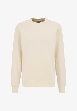 Világos bézs pulóver, kerek nyakkivágással, hosszú ujjal és bordázott mandzsettákkal. Simán kidolgozott anyagból készült, egyszerű, díszítetlen dizájnnal.