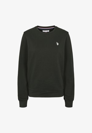 Dunkelgrüner Pullover mit geripptem Muster, Rundhalsausschnitt und langen Ärmeln. Mit einem kleinen weißen gestickten Logo auf der Brust.