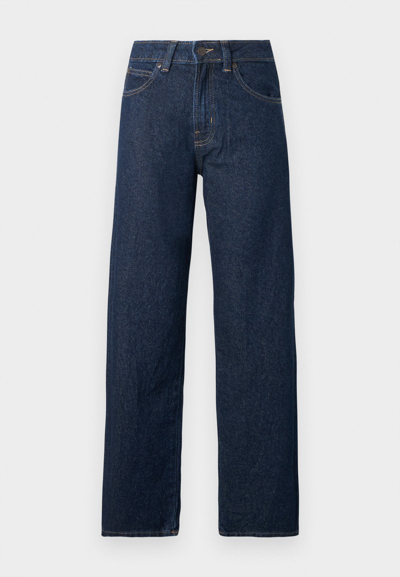 Jean denim bleu foncé à coupe droite, fermeture par bouton avant et fermeture éclair, avec cinq poches, sur fond blanc.