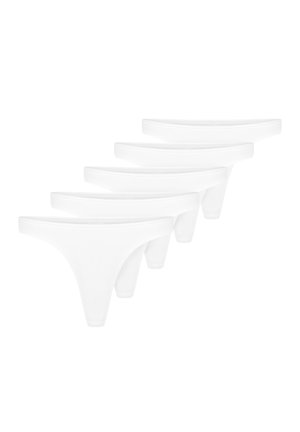 Cinq paires de thong blanc fabriquées dans un tissu lisse et extensible, avec un design simple et minimaliste et une taille douce.