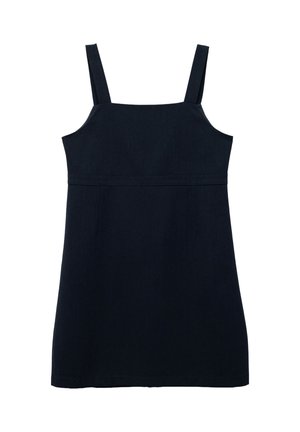 Robe sans manches bleu marine avec bretelles réglables, présentant un décolleté carré et deux poches latérales, fabriquée en tissu lisse.