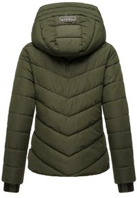 Olijfgroene gewatteerde jas met een capuchon, voorzien van een chevronpatroon, elastische manchetten en een logo-label op de nek. Matte stofstructuur.