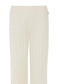 Crème kleurige gebreide broek met een geometrisch patroon, elastische tailleband en een zachte textuur. Geschikt voor casual gebruik.