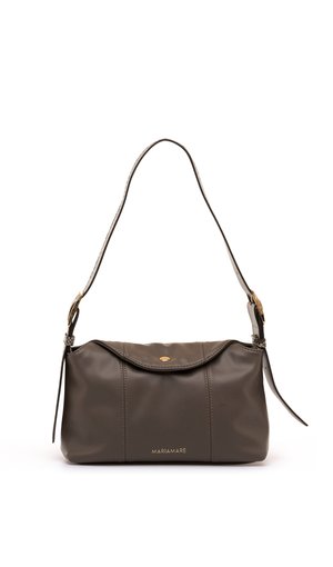 Bolso de hombro de cuero marrón oscuro con correa ajustable, cierre de solapa y herrajes dorados con la marca "MARIAMARE" en la parte frontal.
