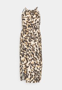 Leopardi-kuosiset maksimekot, joissa on spagettiolkaimet, elastinen vyötärö, sivuhalkio, beigeissä, ruskeissa ja mustissa sävyissä, valmistettu kevyestä kankaasta.