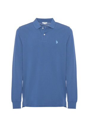 Polo a maniche lunghe in cotone blu solido, con colletto, patta con due bottoni e un piccolo logo ricamato sul petto.