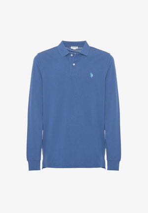 Polo a maniche lunghe in cotone blu solido, con colletto, patta con due bottoni e un piccolo logo ricamato sul petto.