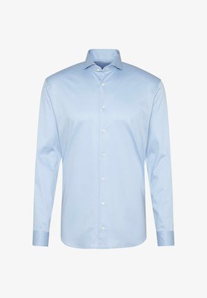 Hellblaues Herrenhemd mit langen Ärmeln, Knopfverschluss vorne und klassischem Kragen auf weißem Hintergrund.