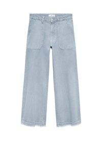 Svetlomodré široké džínsy s vysokým pásom, dvoma diagonálnymi prednými vreckami a jedným uzáverom na gombík, vyrobené z bavlneného denimu.