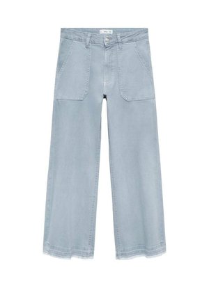 Lyseblå brede jeans med høj talje, to skrå forlommer og enkelt knaplukning, lavet af bomuldsdenim.