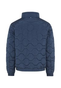 Mørkeblå polstret jakke med et hexagonalt quiltet mønster, der har krave, elastiske manchetter og en lige kant, designet til varme.