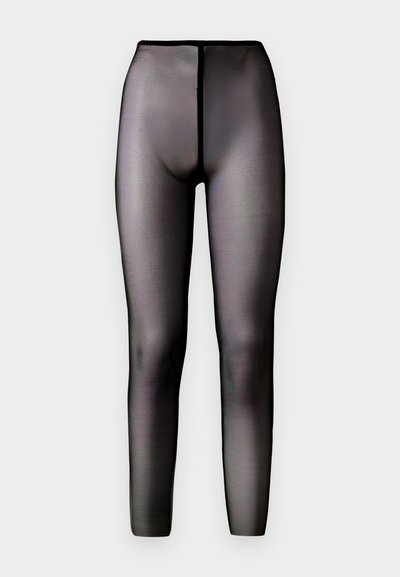 Leggings pretas transparentes com cintura alta e uma textura suave. Apresenta um design sem costuras e uma silhueta ajustada.