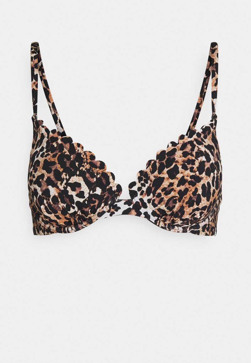Podprsenka s potlačou leopardie kože s vlnitými okrajmi, obsahujúca čierne, hnedé a béžové škvrny na svetlom pozadí. Nastaviteľné ramienka, hladká tkanina.