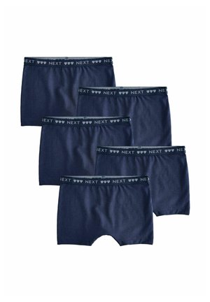 Fem par navyblå boxerbriefs med elastiske linninger med ordet NEXT og hjertesymboler i hvid.