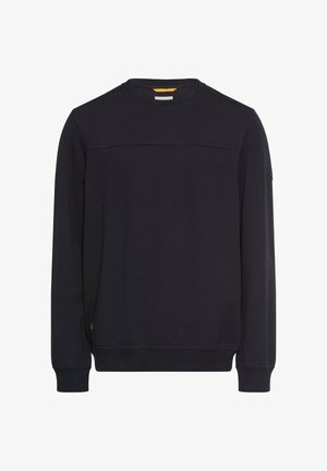 Marineblå sweatshirt i blødt stof med rund halsudskæring, lange ærmer og ribstrikkede manchetter. Har en vandret søm hen over brystet.