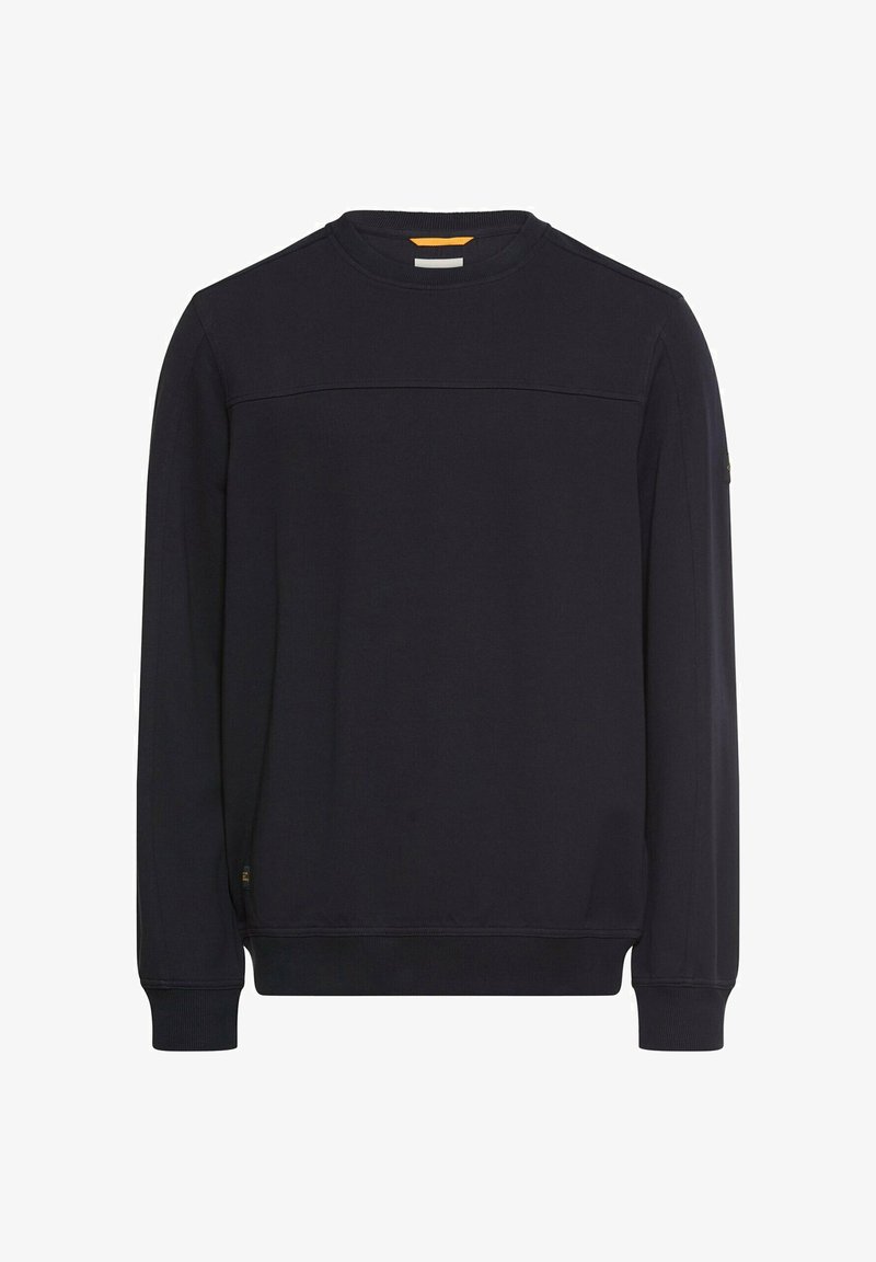 Marineblå sweatshirt i blødt stof med rund halsudskæring, lange ærmer og ribstrikkede manchetter. Har en vandret søm hen over brystet.