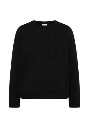 Schwarzer Pullover aus weicher Stoffqualität, mit einem strukturierten "open MIND"-Design in schwarzem Stick auf der Vorderseite. Lange Ärmel, runder Kragen.