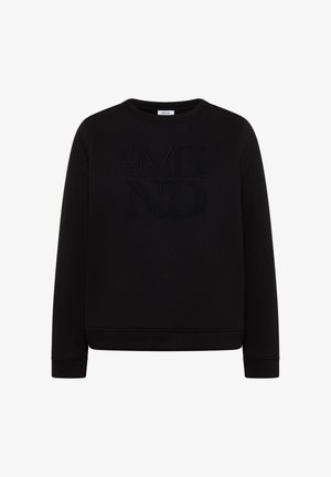 Zwarte sweatshirt gemaakt van zacht materiaal, met een getextureerd "open MIND" ontwerp in zwarte borduurwerk over de voorkant. Lange mouwen, ronde kraag.
