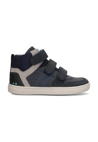Zwarte en marineblauwe hoge sneakers met drie klittenbandsluitingen, contrasterende grijze accenten, gestikte details en een gestructureerde buitenzool.