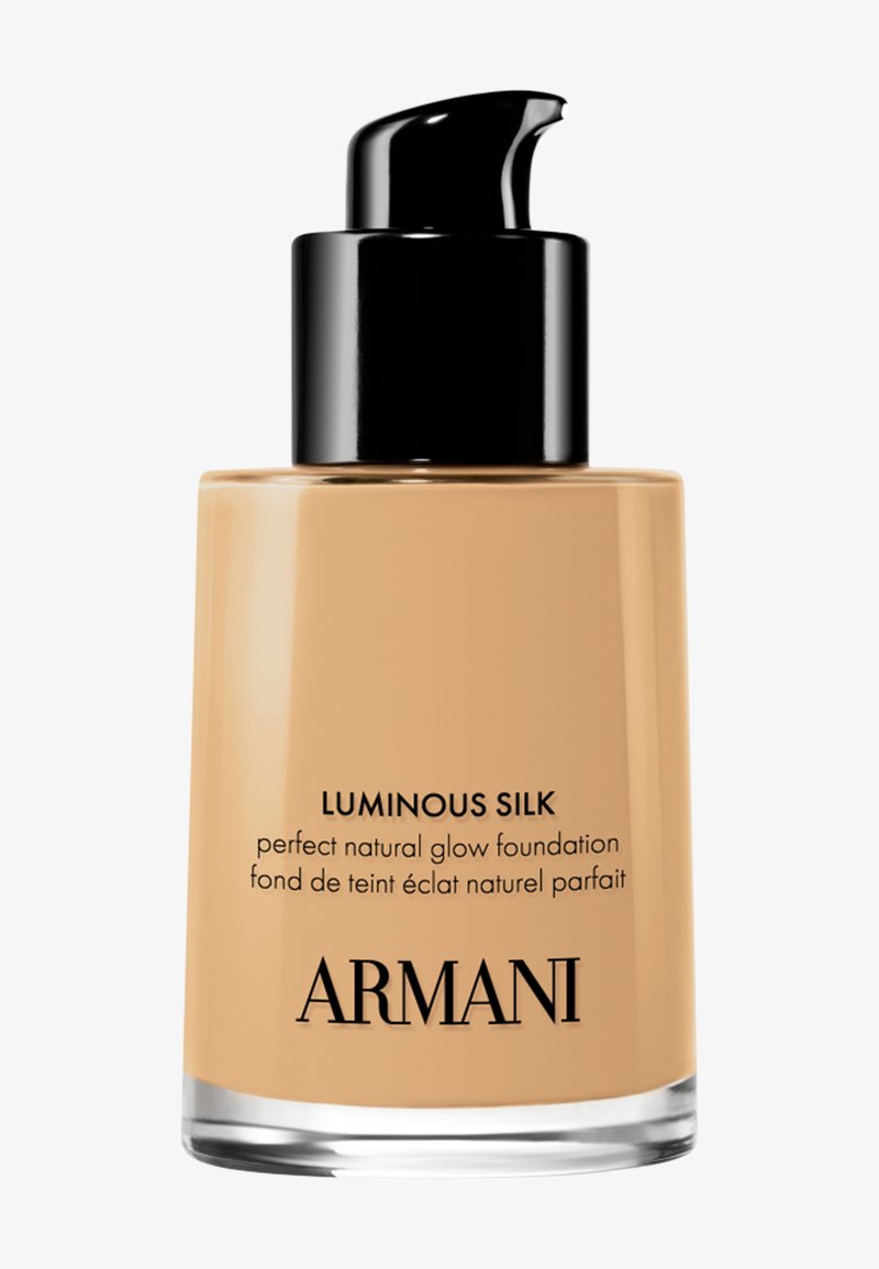 Fles Armani Luminous Silk foundation met zwarte pompdispenser, beige vloeibare foundation met label perfect natuurlijke glans.