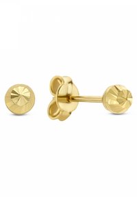 Ohrringe aus gelbem Gold mit einem facettierten, runden Design, ausgestattet mit einem sicheren Schmetterlingsverschluss und einer polierten Oberfläche.