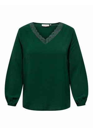 Roheline pluus pikkade varrukatega, V-kaelusega ja pitsist äärisega kaeluses. Tekstureeritud kangas ja elastsed mansetid lisavad detaili.