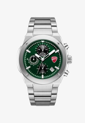 Zilverkleurig metalen chronograafhorloge met een groene wijzerplaat, drie subdials, datumvenster en rood Ducati-logo aan de rechterkant.