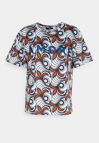 Short-sleeve T-shirt featuring a multi-colored, swirling floral pattern in brown, blue, and orange, with "AMORE" embroidered in blue.