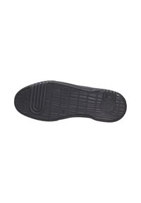 Black rubber shoe sole with a textured, patterned design. Features a rounded toe and horizontal ridges for grip and flexibility.