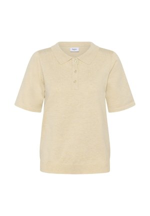 Beige Poloshirt mit kurzen Ärmeln aus Strick, ausgestattet mit einer Drei-Knopfleiste und geripptem Saum, am Kragen mit "Saint" beschriftet.