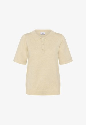 Polo din tricot bej, cu mânecă scurtă, cu guler cu trei butoane și tiv elastic, etichetat "Saint" la guler.