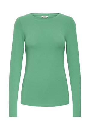 Zelená priliehavá košeľa s dlhým rukávom a okrúhlym výstrihom, zobrazená na jednoduchom bielom pozadí.